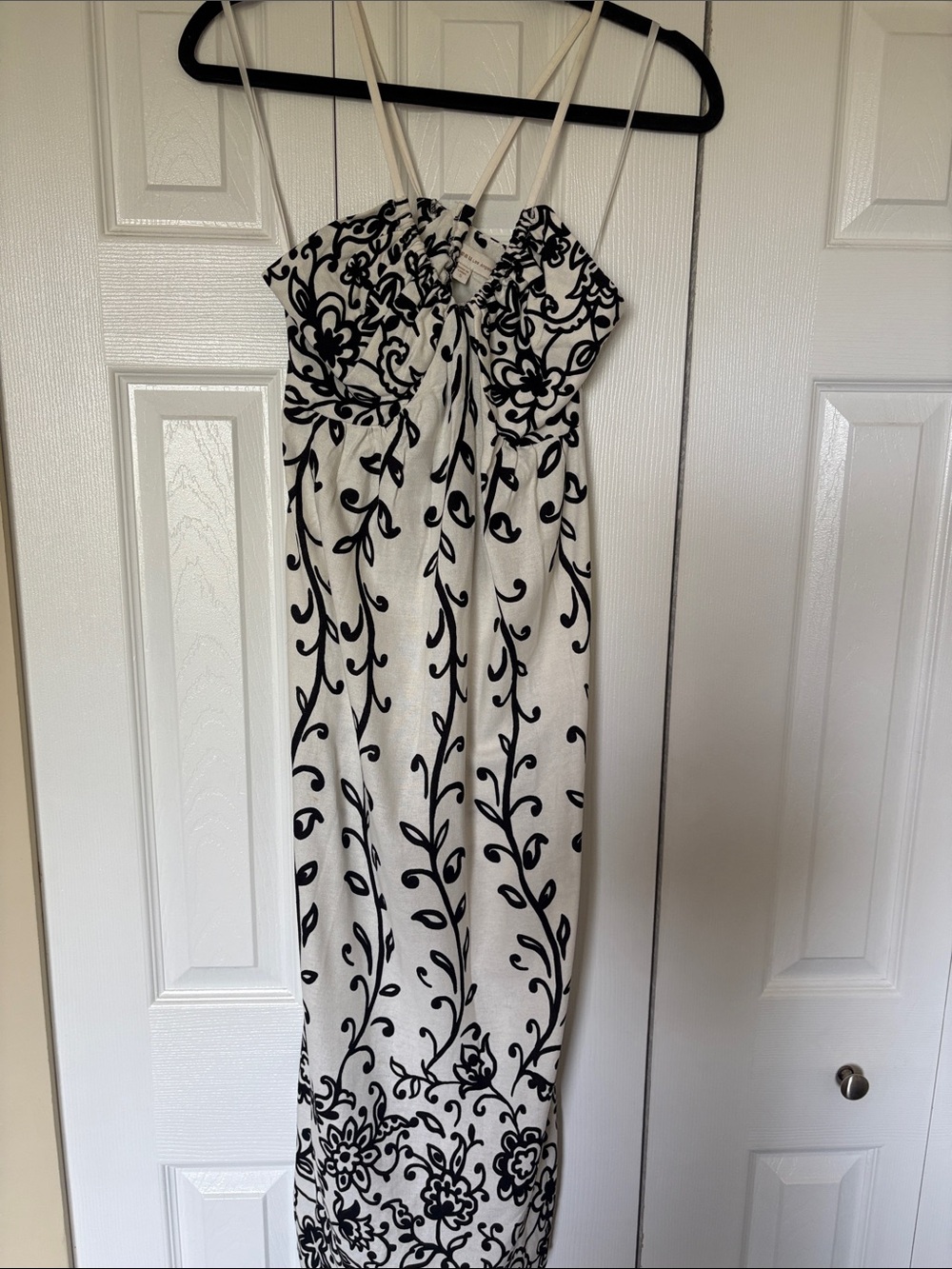 White Maxi Dress with Black Floral Vine Print and Spaghetti Straps